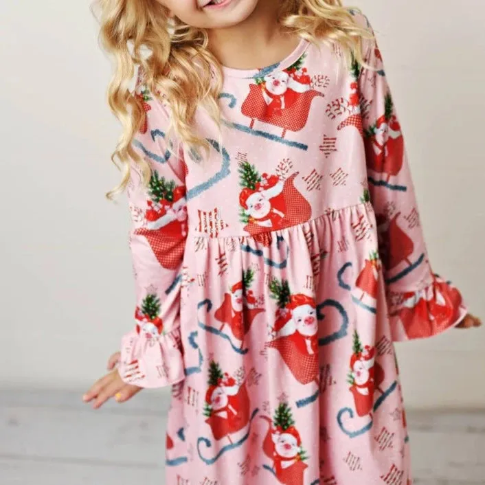 Girls Full of Spirit Pig Sleigh Long Sleeve Dress