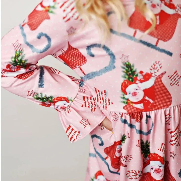 Girls Full of Spirit Pig Sleigh Long Sleeve Dress