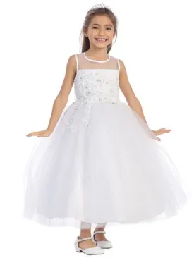 Girls White Dress Illusion Neckline w/ Lace Embellishment 5644