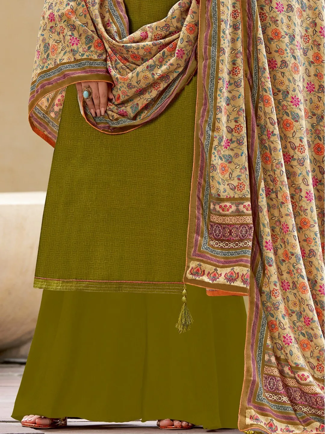 Green Woolen Pashmina Winter Unstitched suits for Ladies