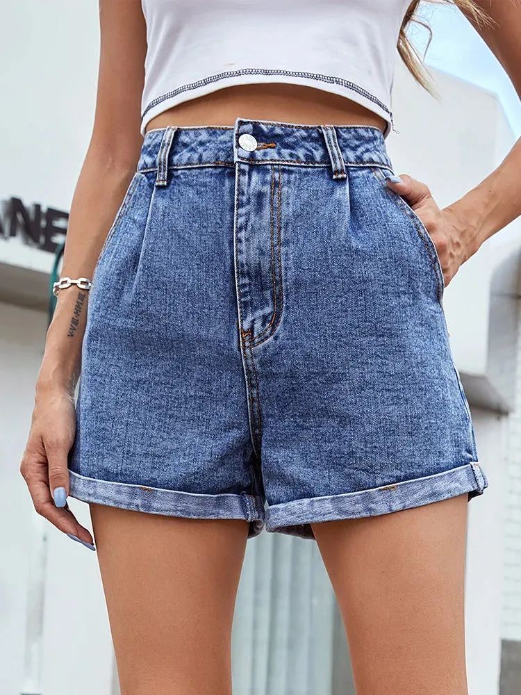 High Waisted Rolled Hem Denim Shorts for Women