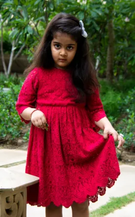 Hoop Hippo Kids Red Cotton Crochet Scalloped Dress