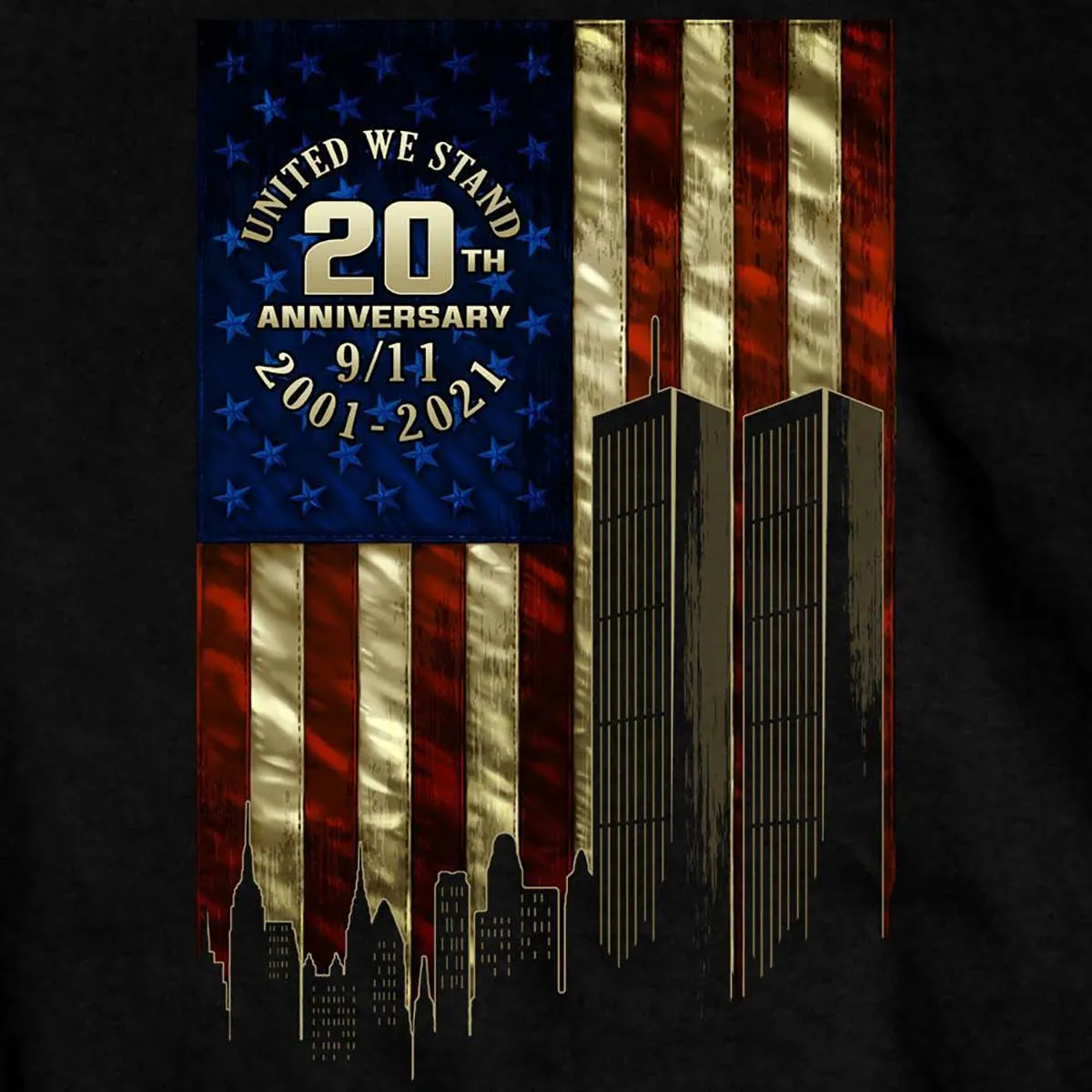 Hot Leathers GMS1494 Men's Black '9-11 Skyline and USA Flag' T-Shirt