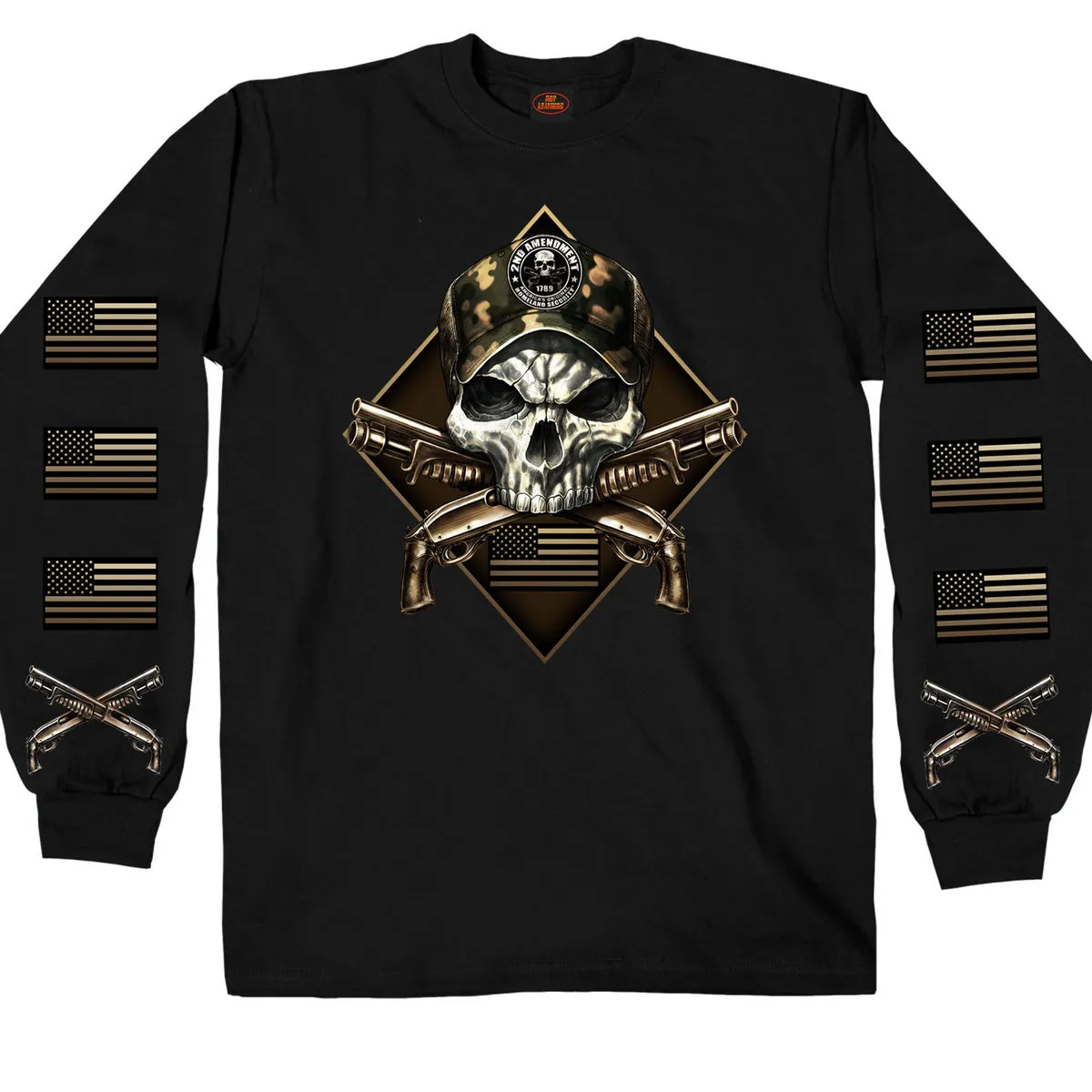 Hot Leathers GMS2415 Men’s ‘2nd Amendment Camo Skull’ Long Sleeve Black T-Shirt