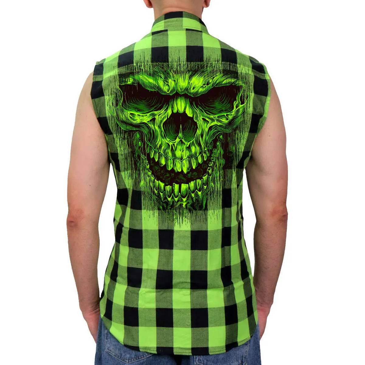 Hot Leathers GMS3492 Men’s Black and Green Shredder Skull Sleeveles Flannel Shirt