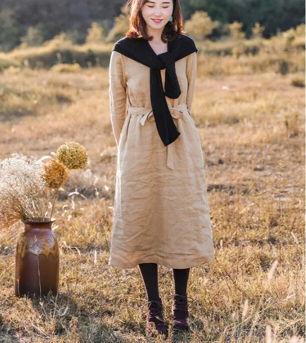 Khaki Linen Women Dress V Neck Long Sleeve Women Linen Dresses S90921