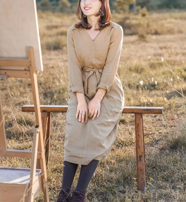 Khaki Linen Women Dress V Neck Long Sleeve Women Linen Dresses S90921