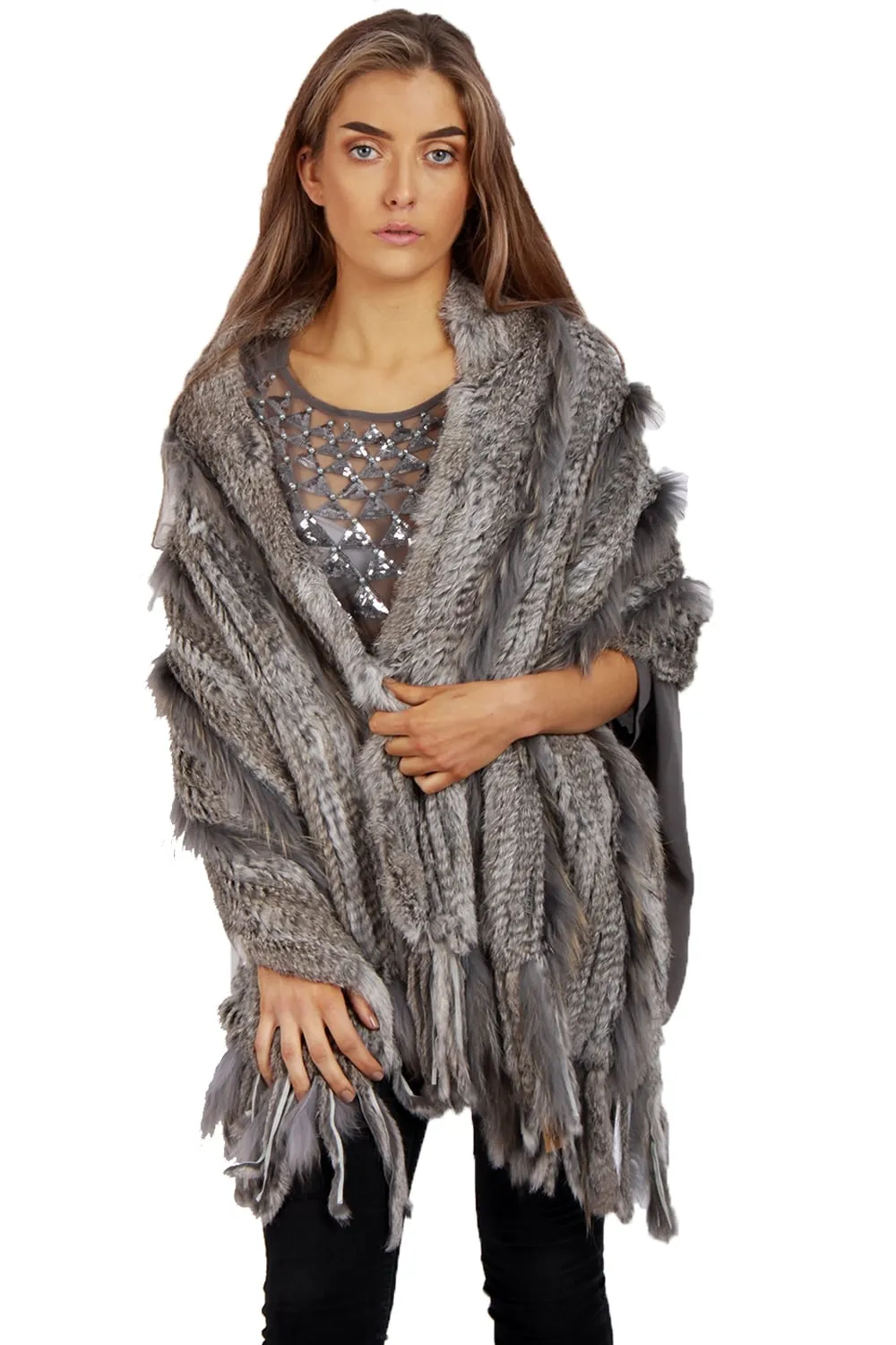 Knitted Real Fur Scarf with Tassels