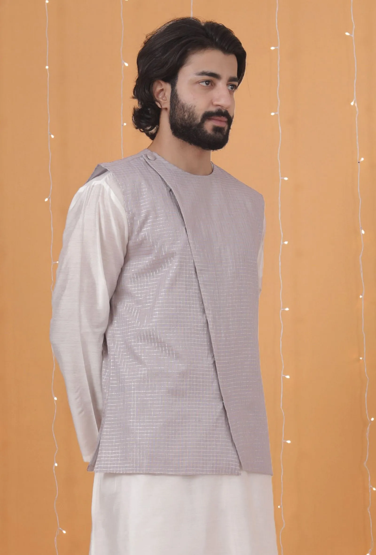 Lavender Chanderi Slant Overlapped Checkered Nehru Jacket