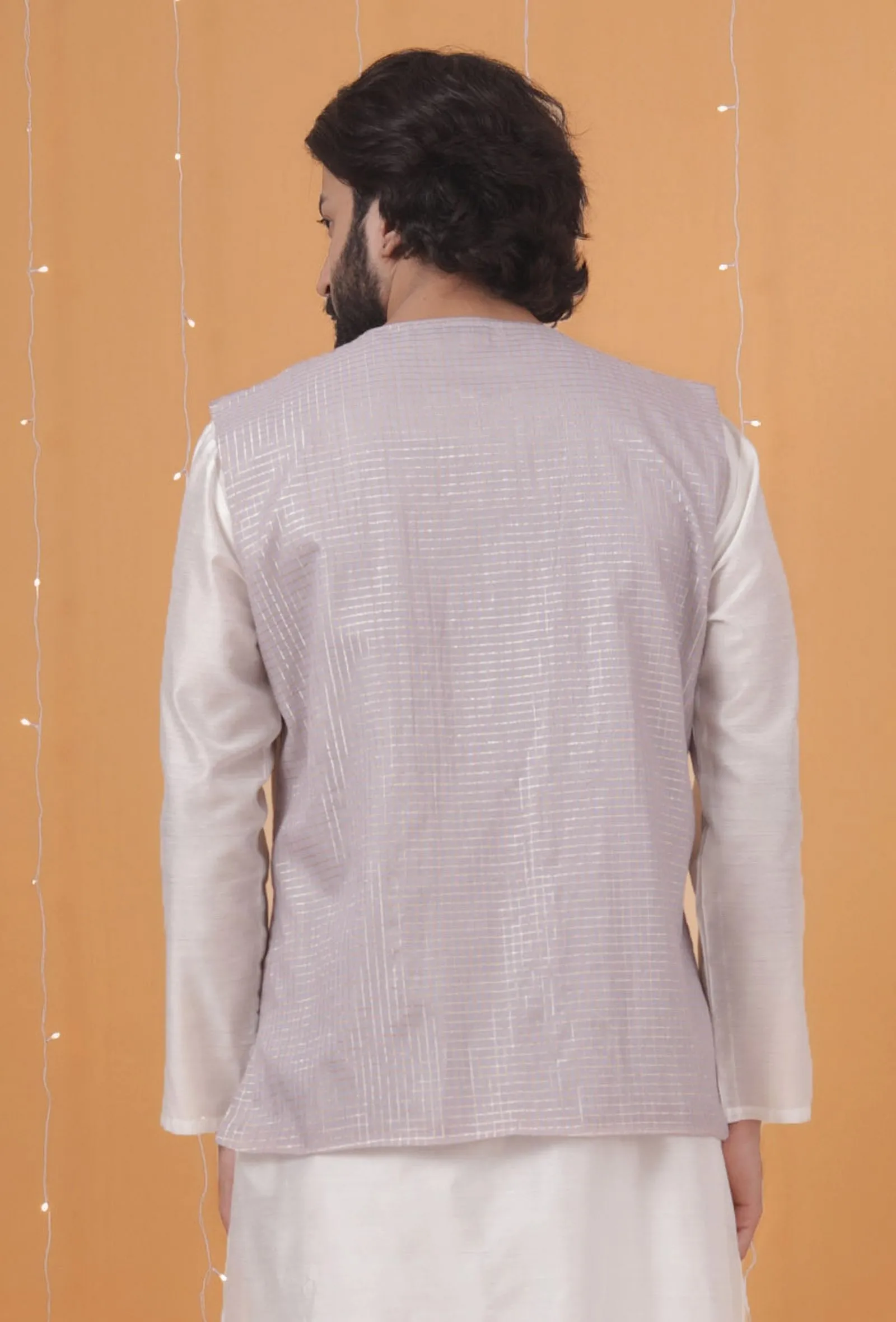 Lavender Chanderi Slant Overlapped Checkered Nehru Jacket