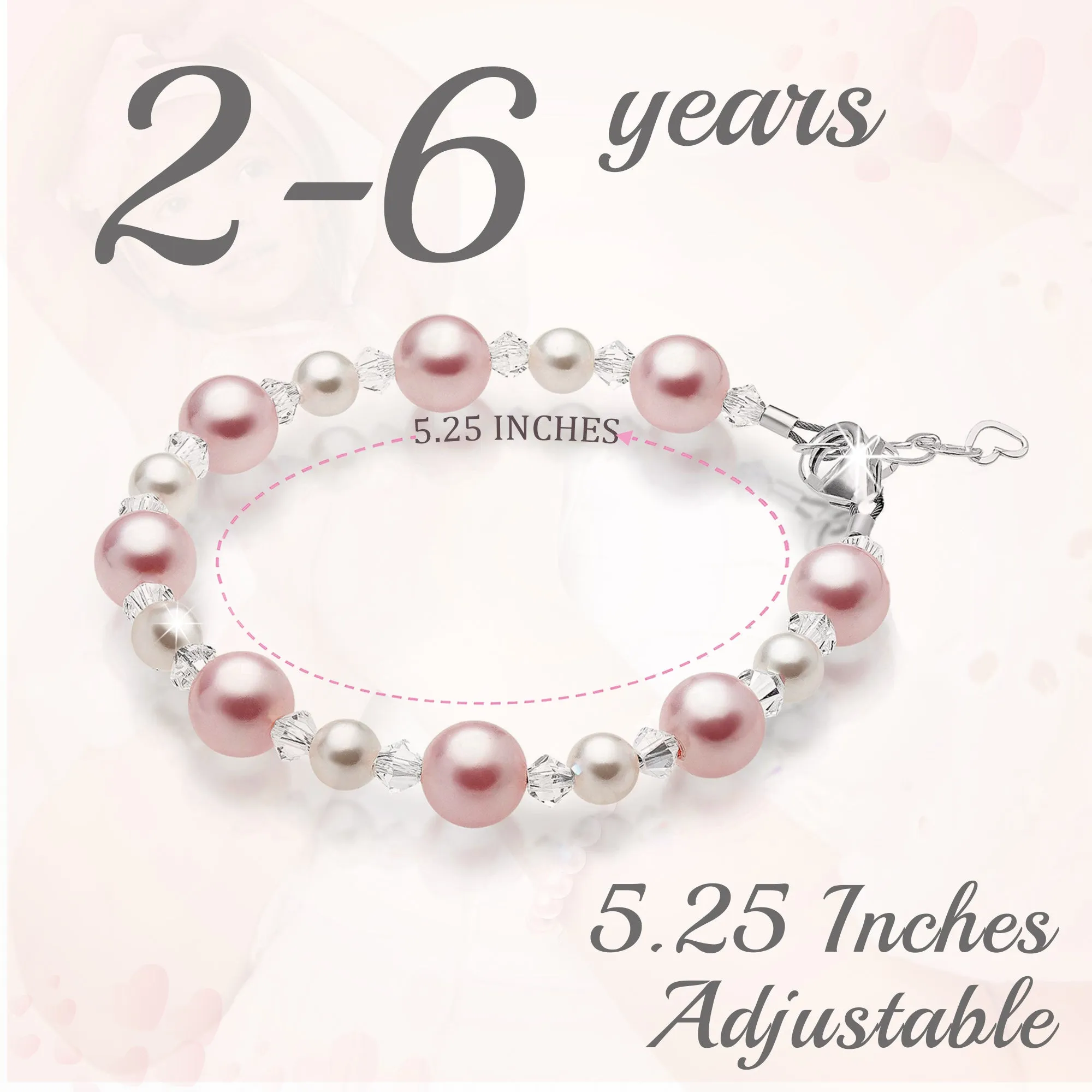 Little Girl Toddler Bracelet with Pink & White Pearls & Clear Crystals