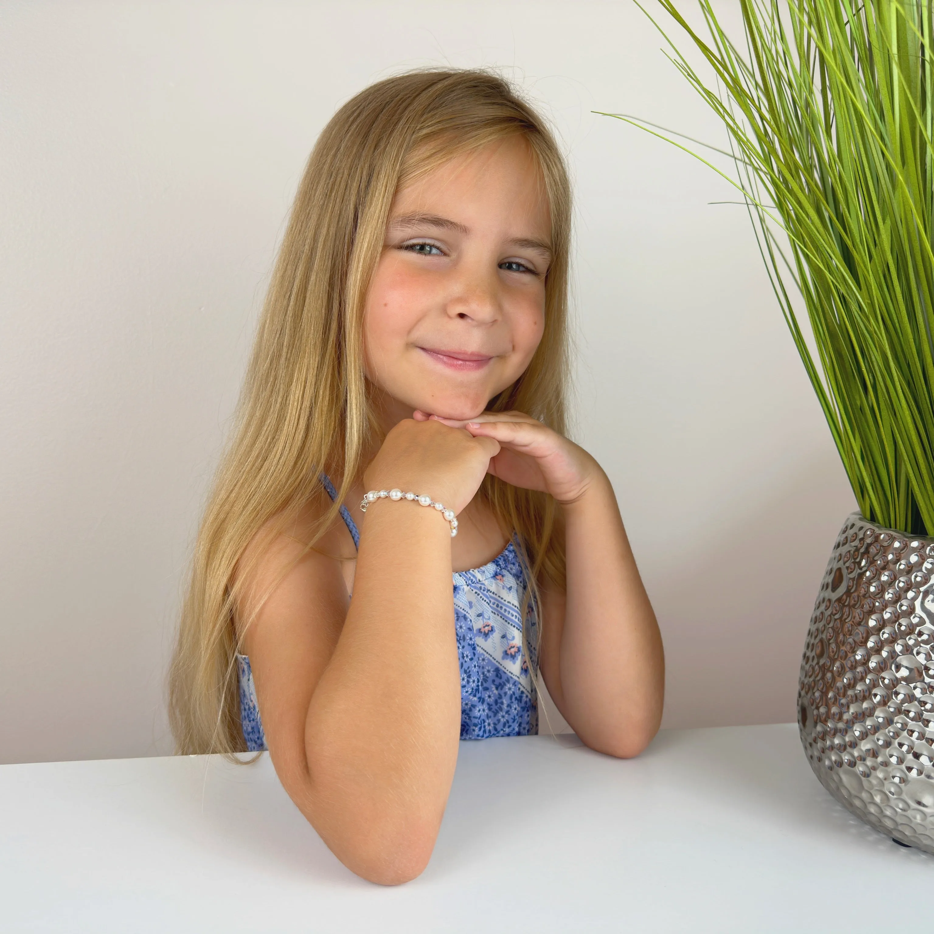 Little Girl Toddler Bracelet with White Pearls & Clear Crystals