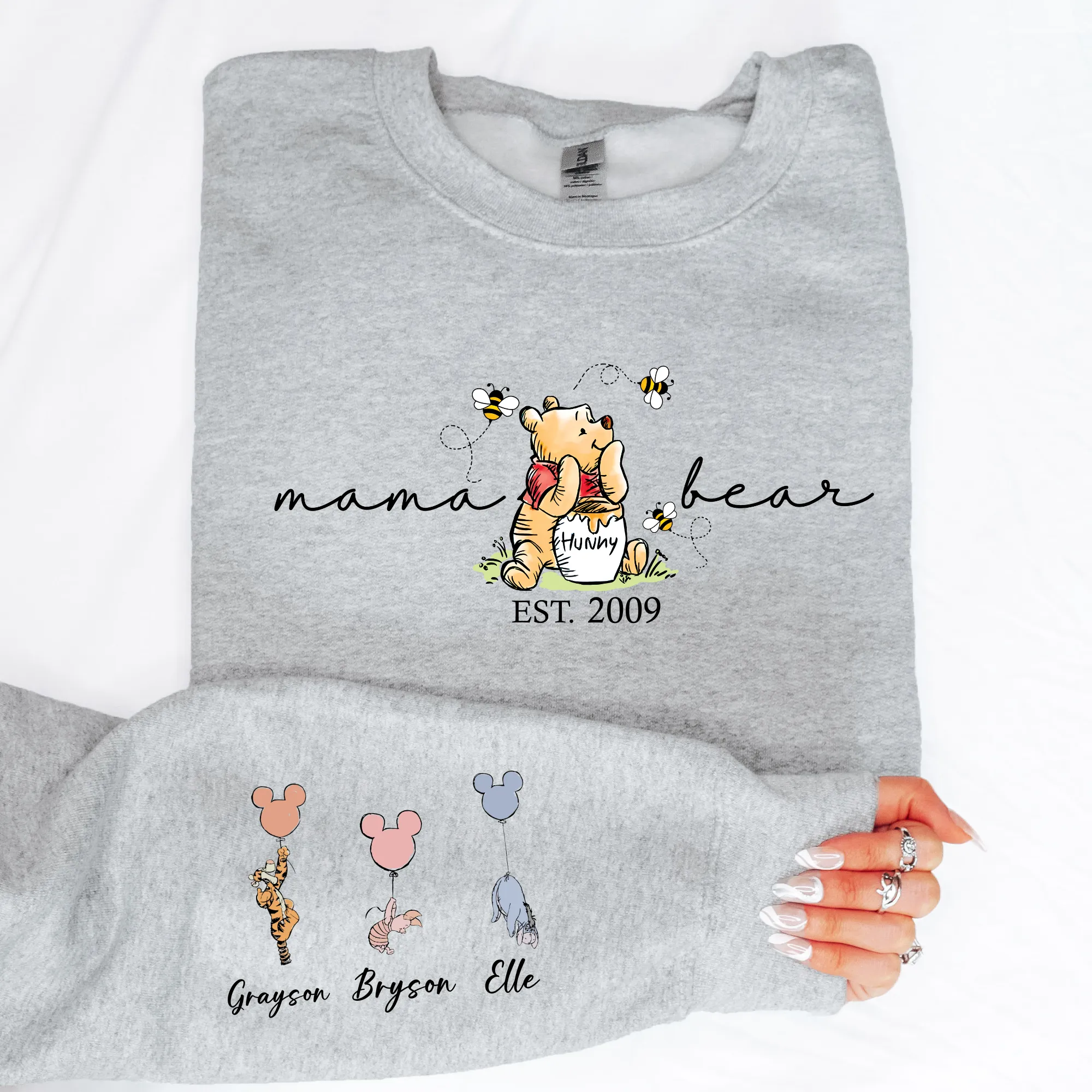 Mama Bear Sweatshirt with Kids Names on the Sleeve