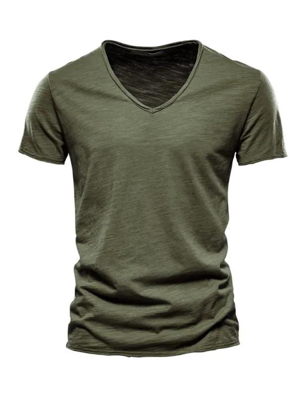 Men's New Solid Color Slub Cotton V-Neck Short Sleeve T-Shirt