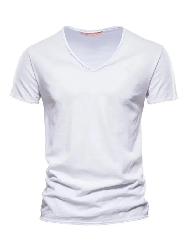 Men's New Solid Color Slub Cotton V-Neck Short Sleeve T-Shirt