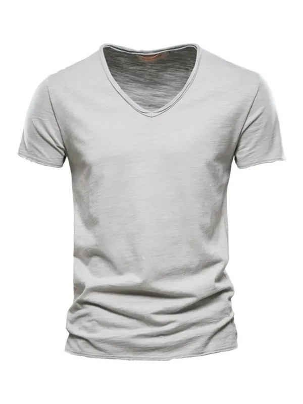 Men's New Solid Color Slub Cotton V-Neck Short Sleeve T-Shirt