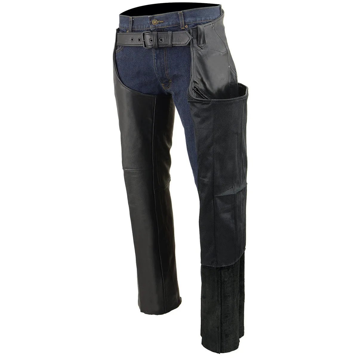 Milwaukee Leather Chaps for Men's Black Leather 3-Front Pockets- Thigh