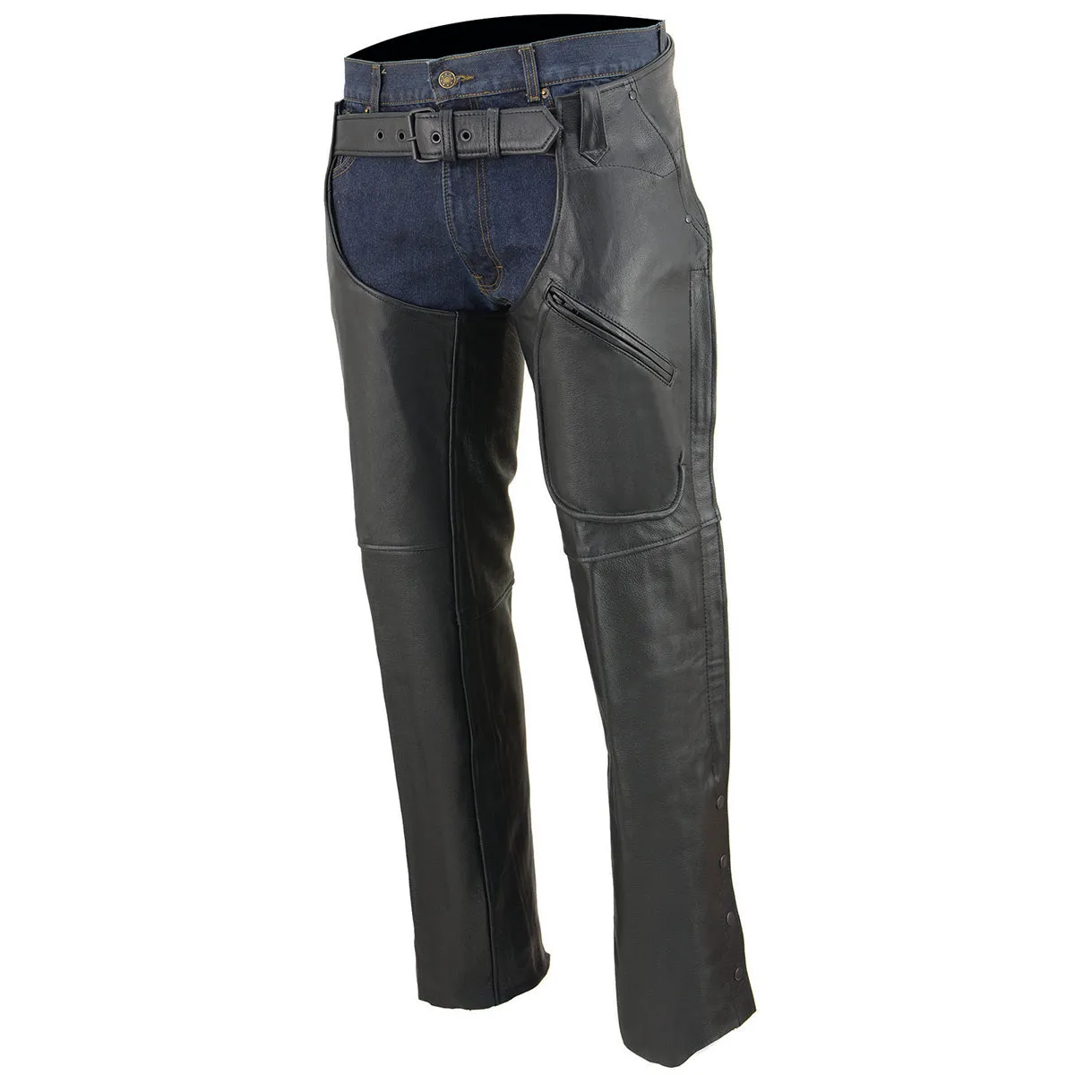 Milwaukee Leather Chaps for Men's Black Leather 3-Front Pockets- Thigh