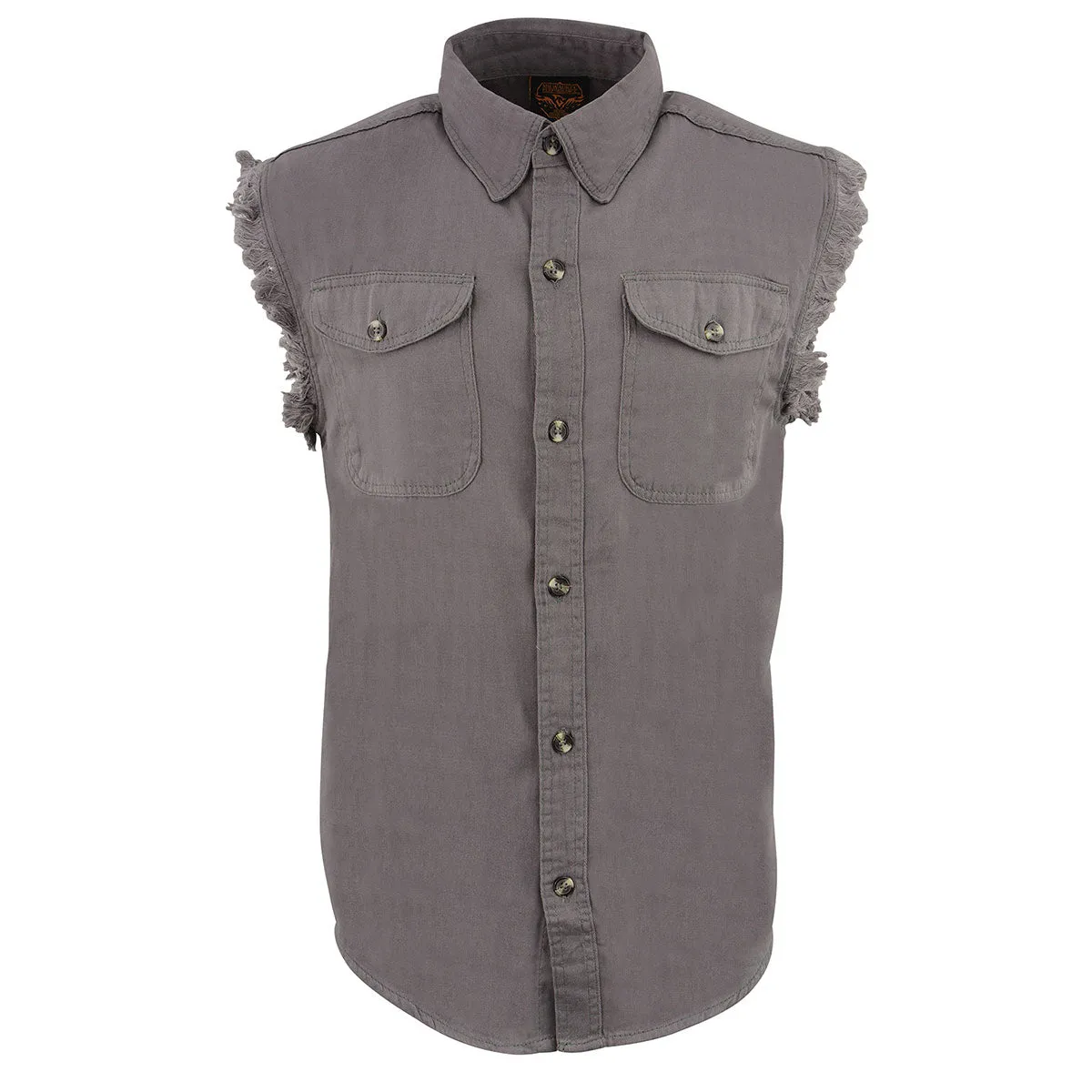 Milwaukee Leather DM4004 Men's Grey Lightweight Denim Shirt with Sleeveless Frayed Cut Off