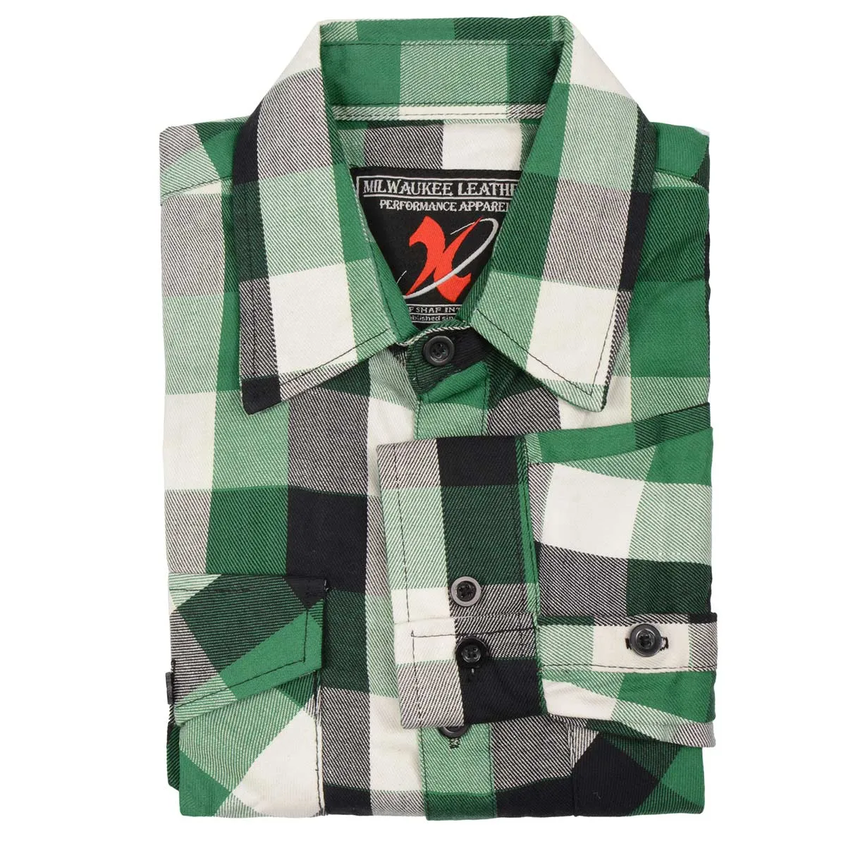 Milwaukee Leather Men's Flannel Plaid Shirt Green and White Long