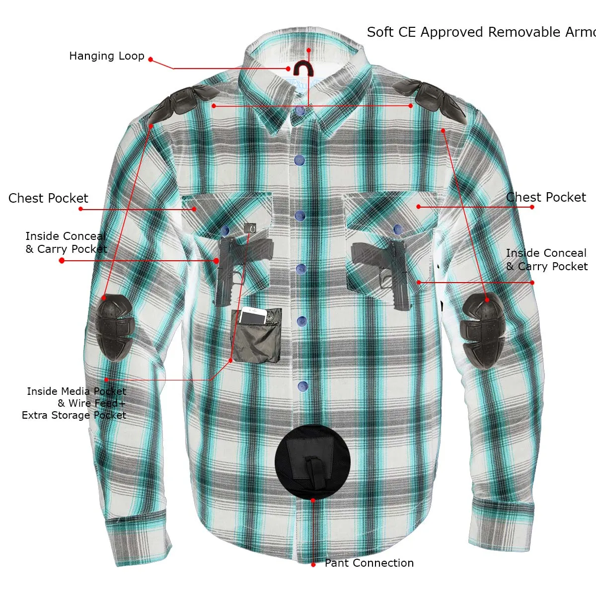 Milwaukee Leather MPM1635 Men's Plaid Flannel Biker Shirt with CE Approved Armor - Reinforced w/ Aramid Fiber