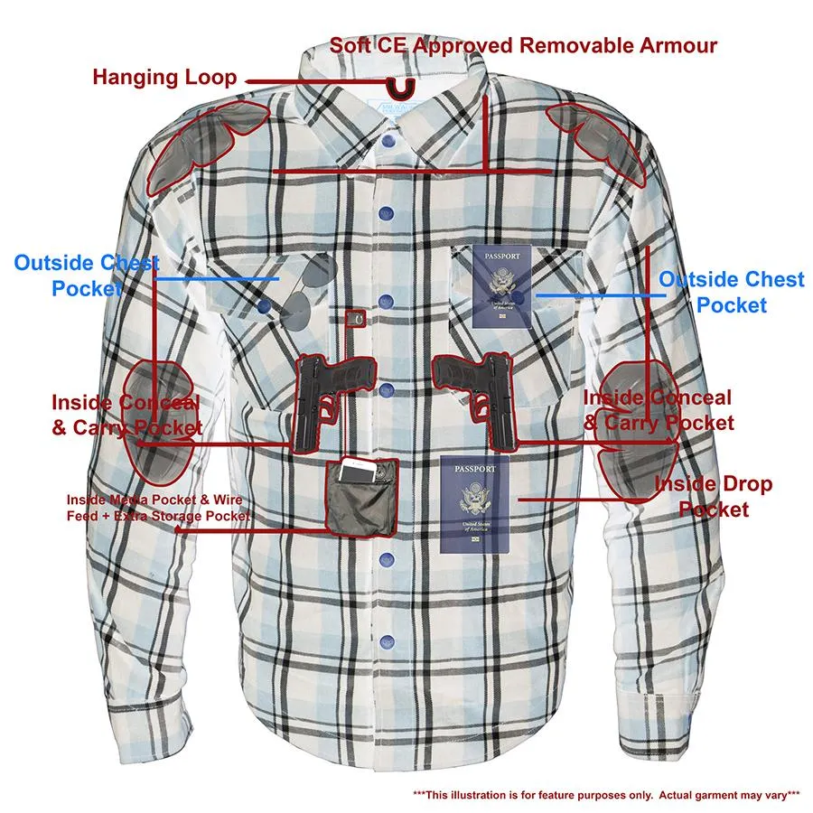 Milwaukee Leather MPM1643 Men's Plaid Flannel Biker Shirt with CE Approved Armor - Reinforced w/ Aramid Fiber