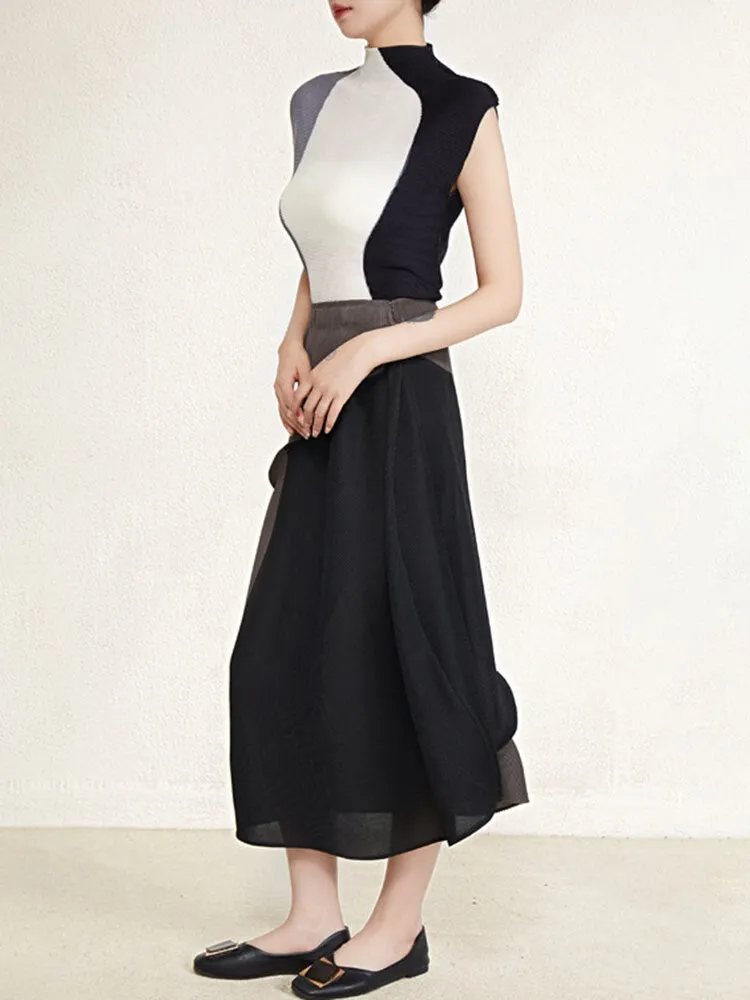 Miyake Pleated Contrast Sleeveless Top and Patchwork Skirt Set