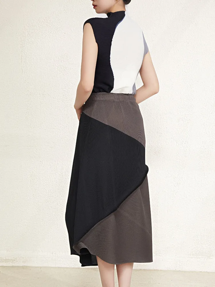 Miyake Pleated Contrast Sleeveless Top and Patchwork Skirt Set