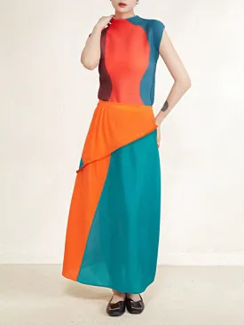 Miyake Pleated Contrast Sleeveless Top and Patchwork Skirt Set