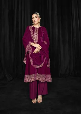 Mumtaz Arts Unstitched Pink Winter Velvet Suit Material for Ladies