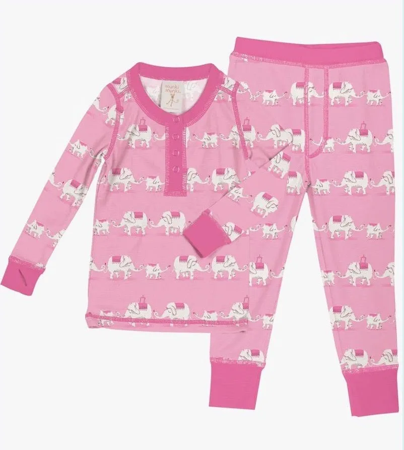 Munki Munki Pink Elephants Kids Long Johns PJ Set