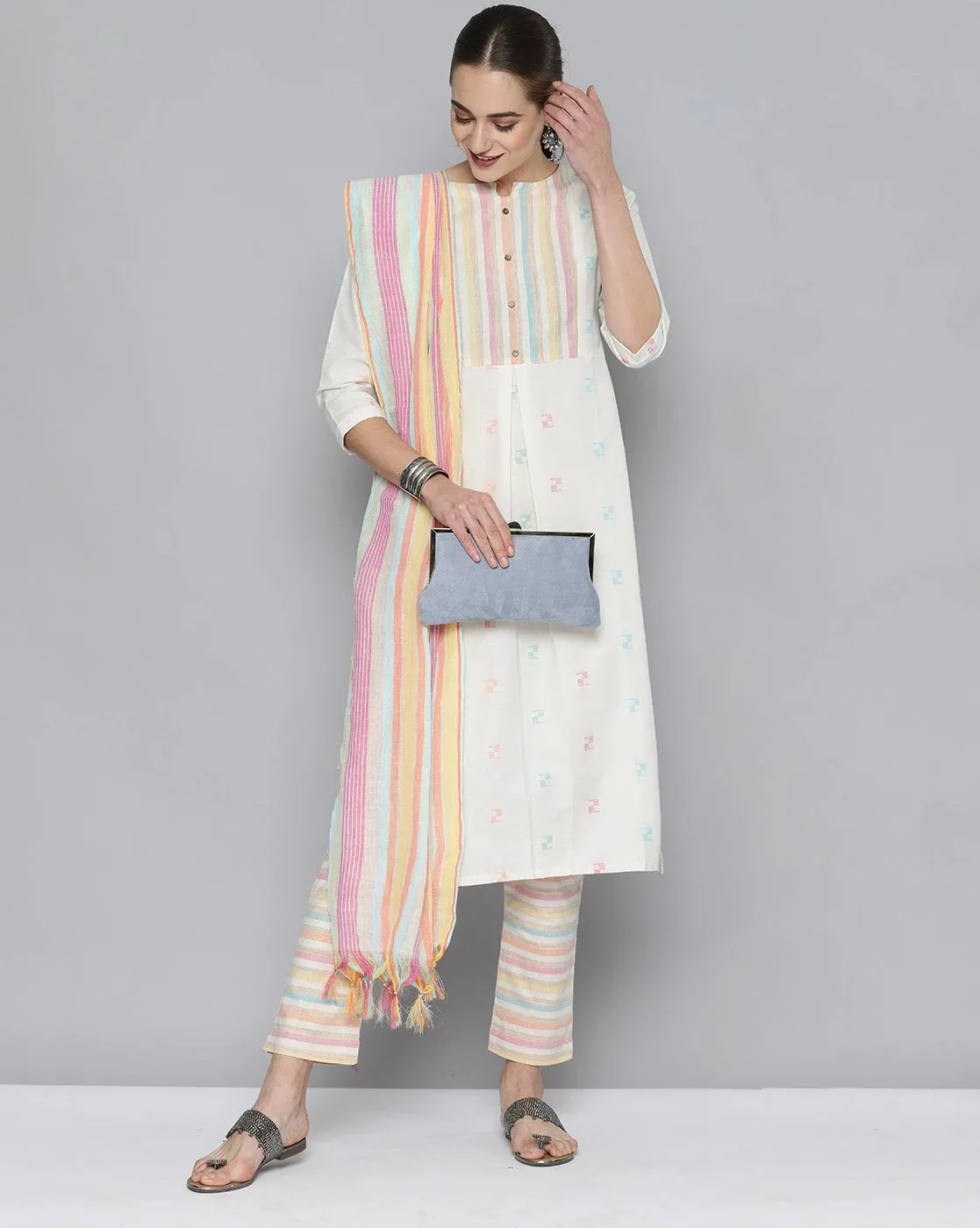 Off-White Pure Handloom Cotton Unstitched Dress Material