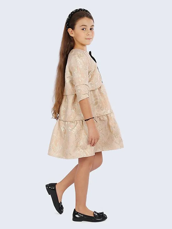 One Friday Beige and Gold Frill Dress with Shrug