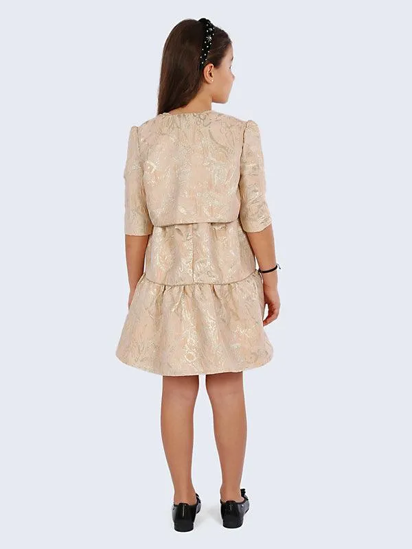 One Friday Beige and Gold Frill Dress with Shrug