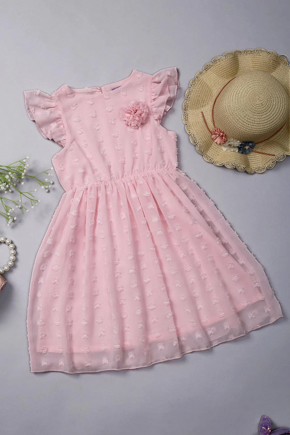 One Friday Girls Baby Pink Swiss  Dot Dress