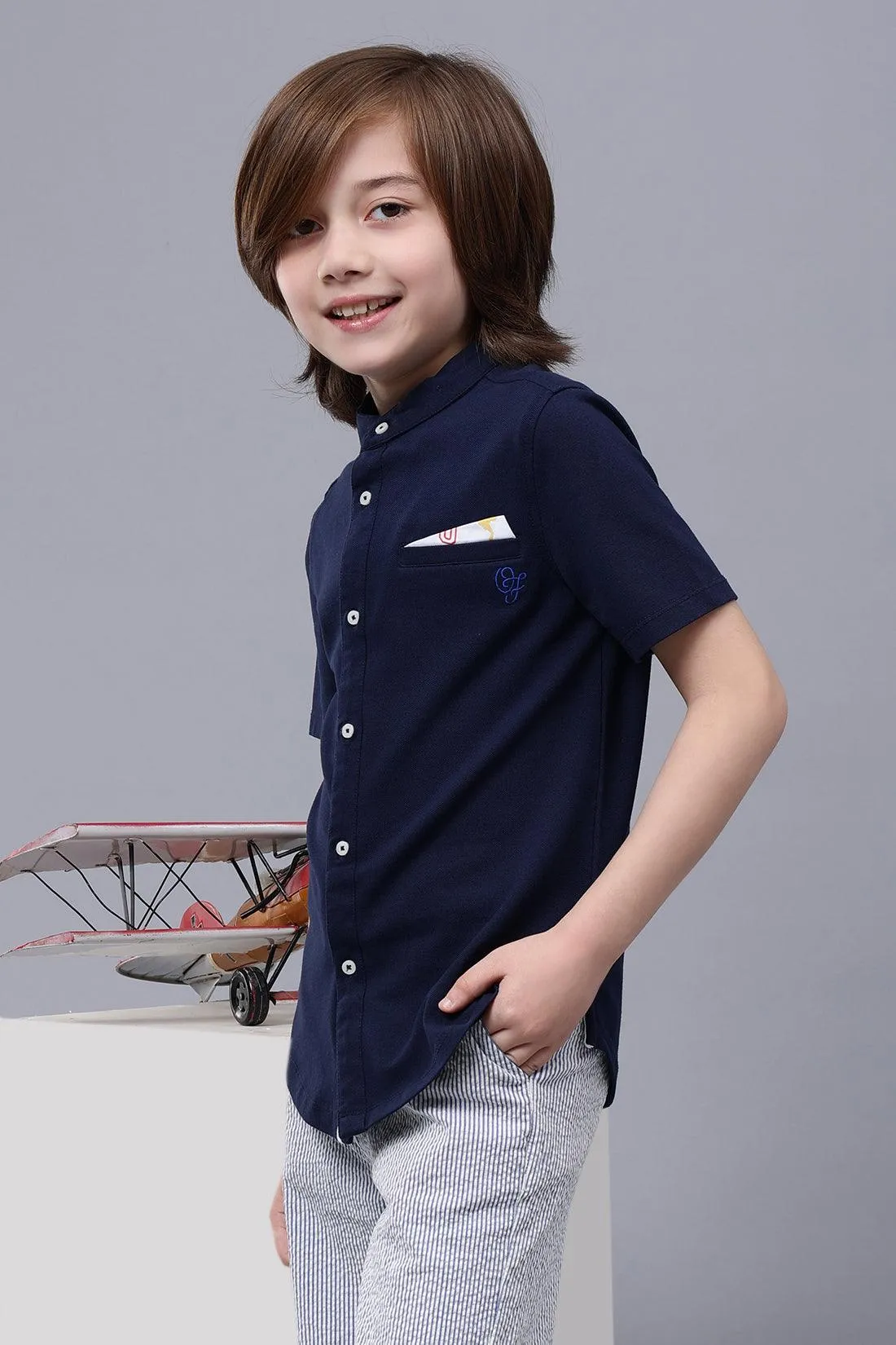 One Friday Kids Boys Navy Blue Cotton Chinese Collar Shirt