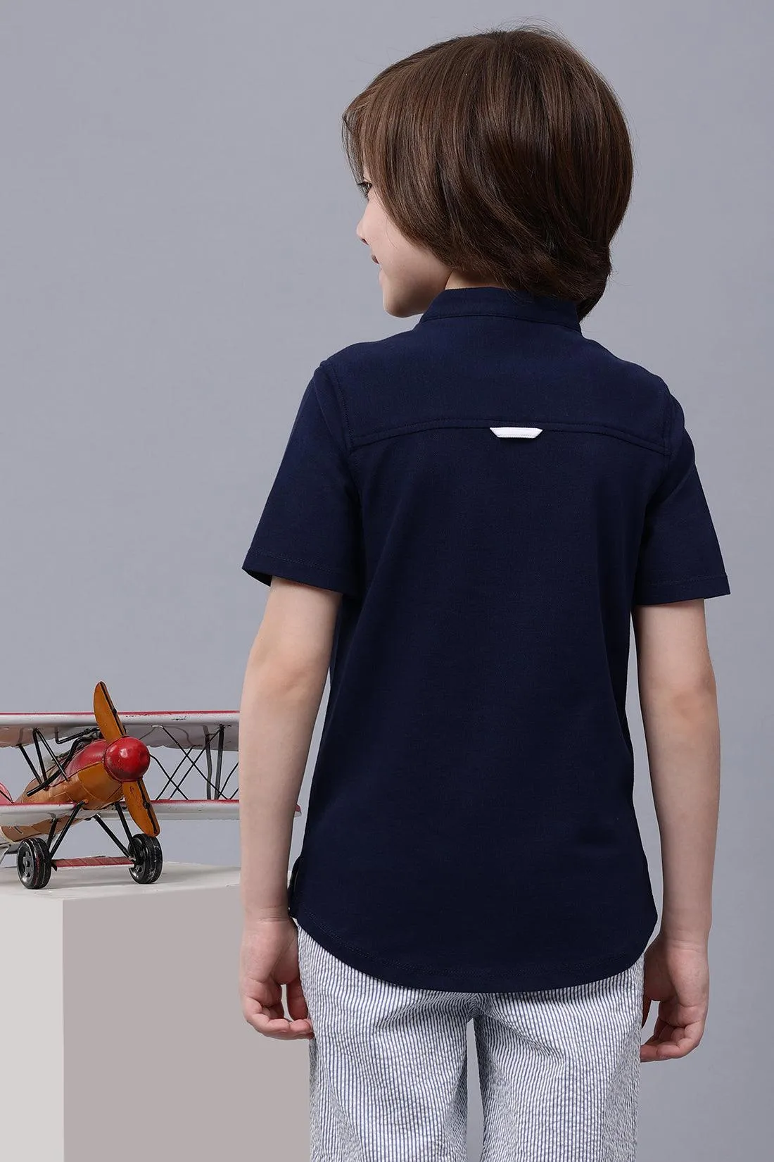 One Friday Kids Boys Navy Blue Cotton Chinese Collar Shirt