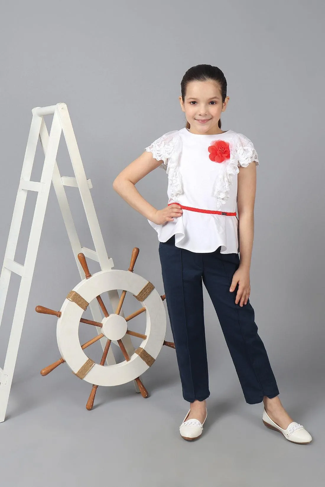 One Friday Kids Girls 100% Cotton White Round Neck Top With Frills