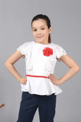 One Friday Kids Girls 100% Cotton White Round Neck Top With Frills