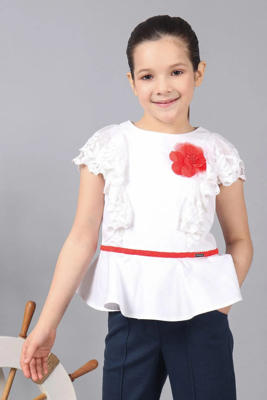 One Friday Kids Girls 100% Cotton White Round Neck Top With Frills