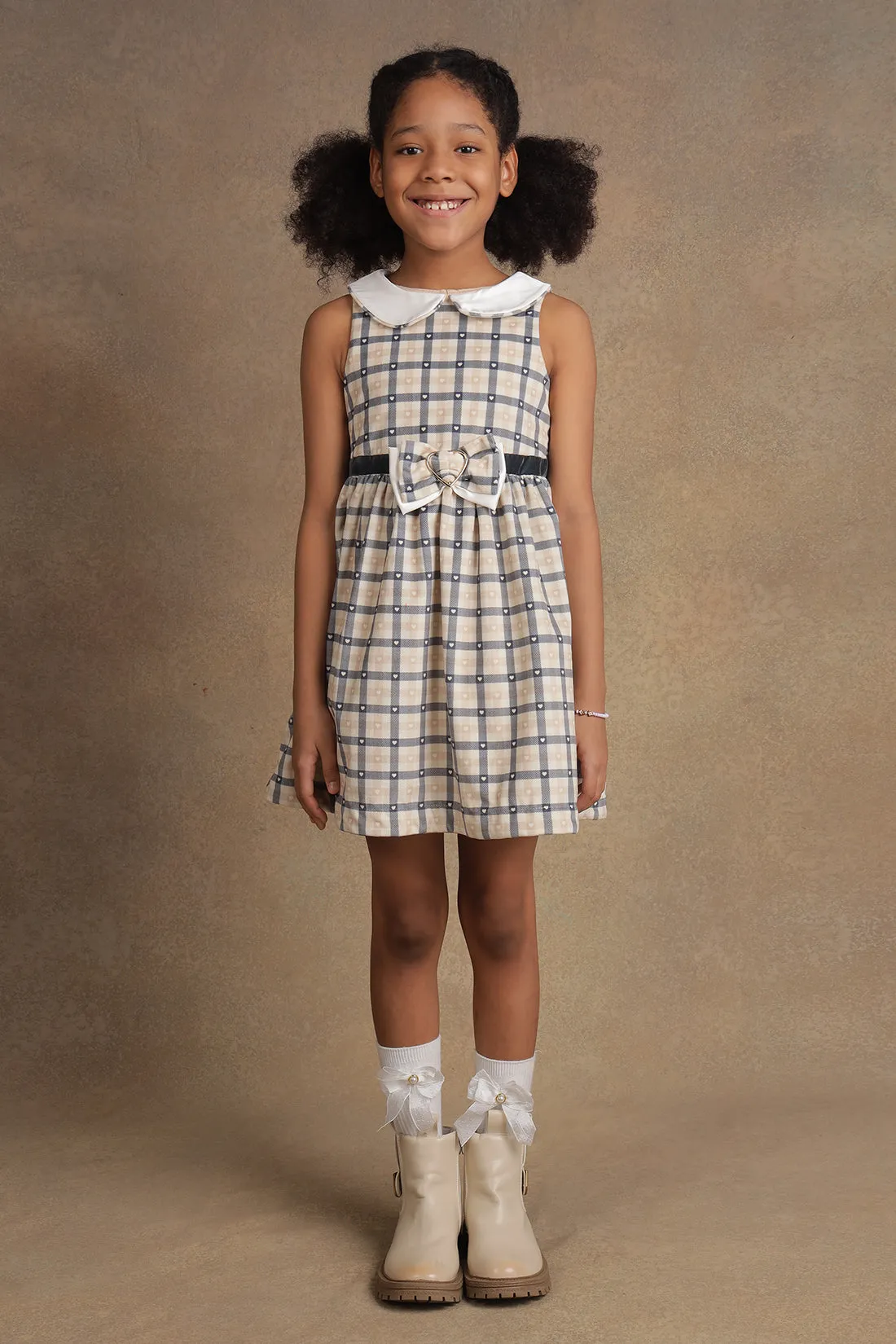 One Friday Kids Girls Beige Checks Dress