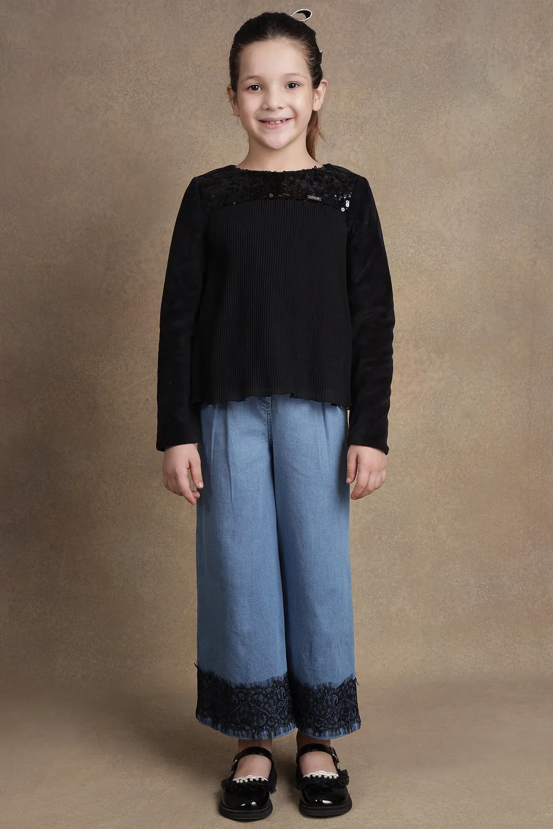 One Friday Kids Girls Jet Black Pleated Top