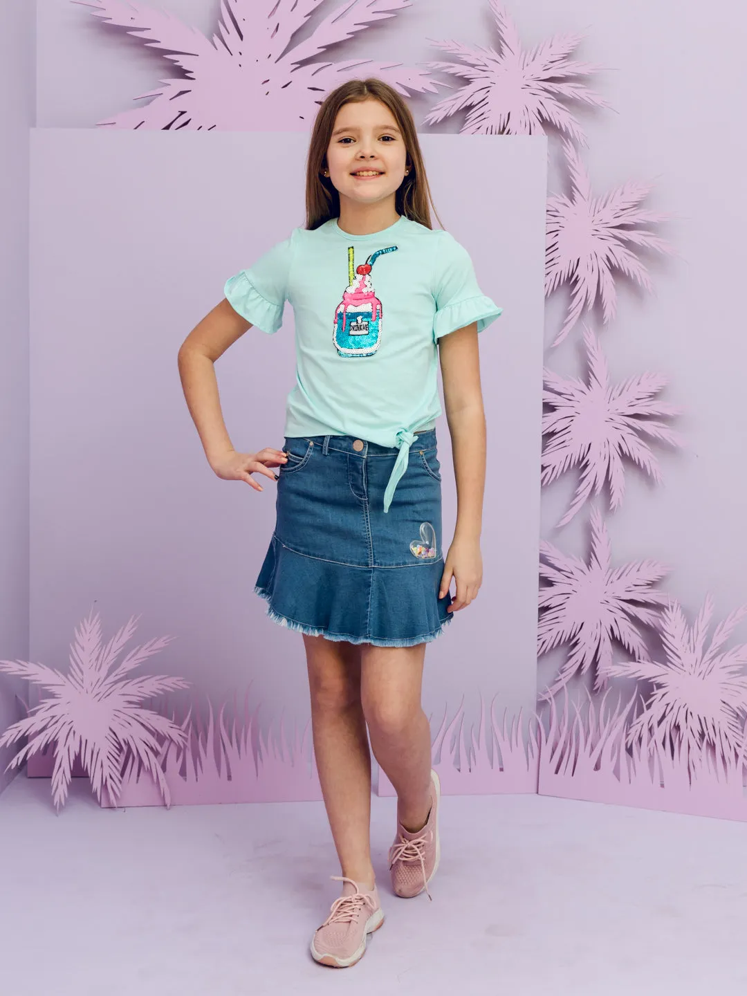 One Friday Kids Girls Sequins Aqua T-shirt