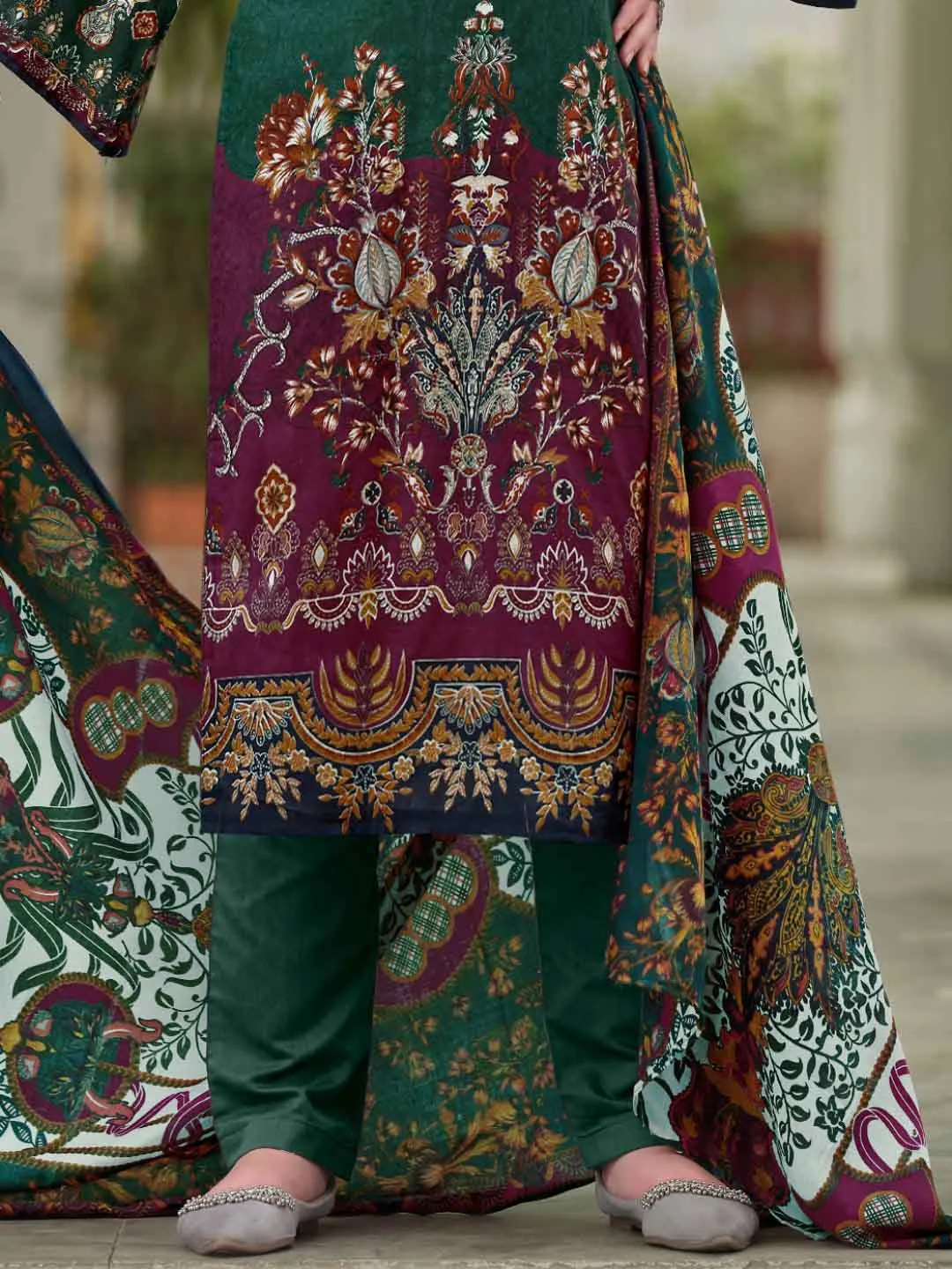 Pakistani Print Green Unstitched Pure Cotton Suit with Embroidery