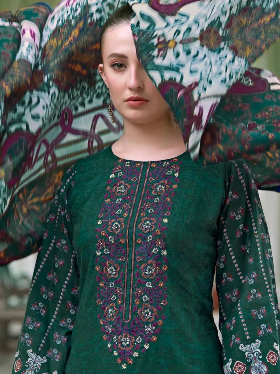 Pakistani Print Green Unstitched Pure Cotton Suit with Embroidery