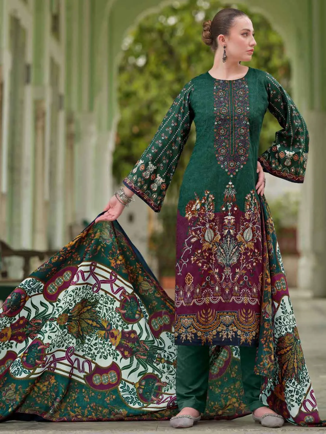 Pakistani Print Green Unstitched Pure Cotton Suit with Embroidery