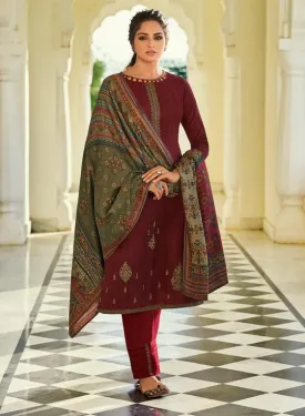 Pashmina Maroon Salwar suit Dress Material for Woman with Embroidery