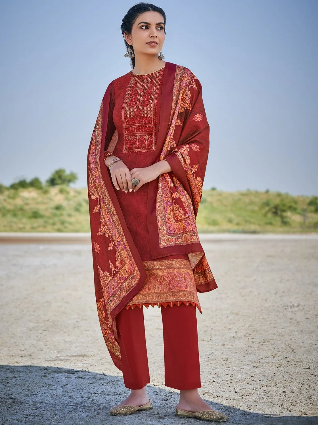 Pashmina Maroon Unstitched Suits Dress Material for Woman