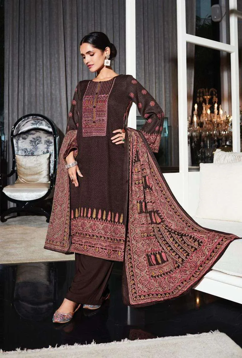 Pashmina Unstitched Coffee Brown Winter Suits Set with Neck Embroidery