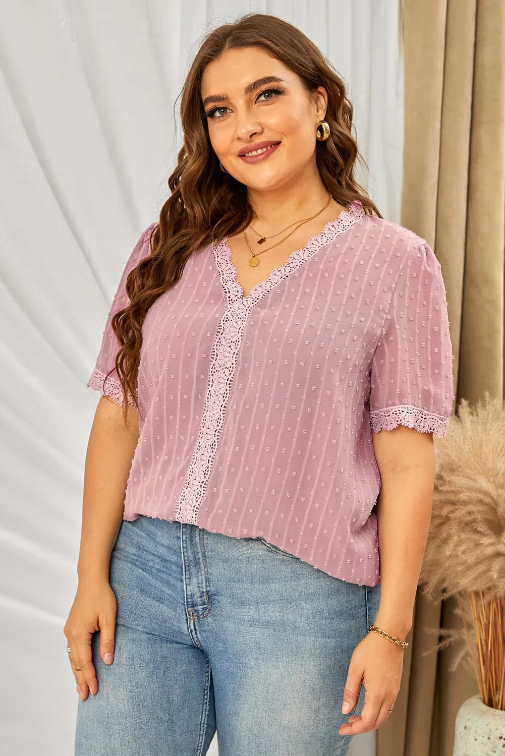 Plus Size Swiss Dot Spliced Lace V-Neck Blouse